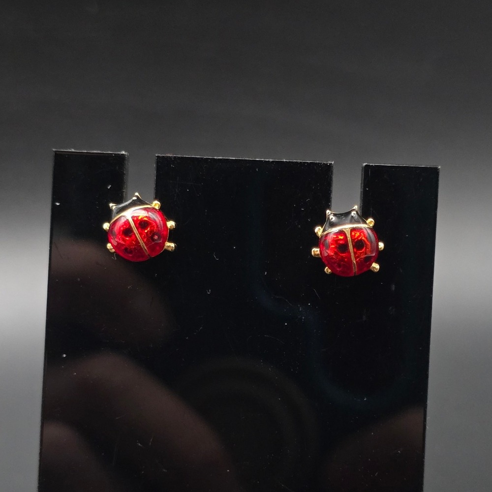 Avon 1997 Lady Bug Earrings Studs Red Black Enamel Bug Jewelry Vintage